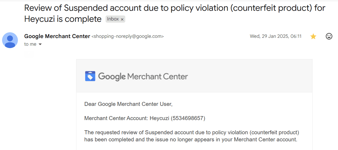 Google reinstatement confirmation: Heycuzi — Suspended account (counterfeit product) review complete