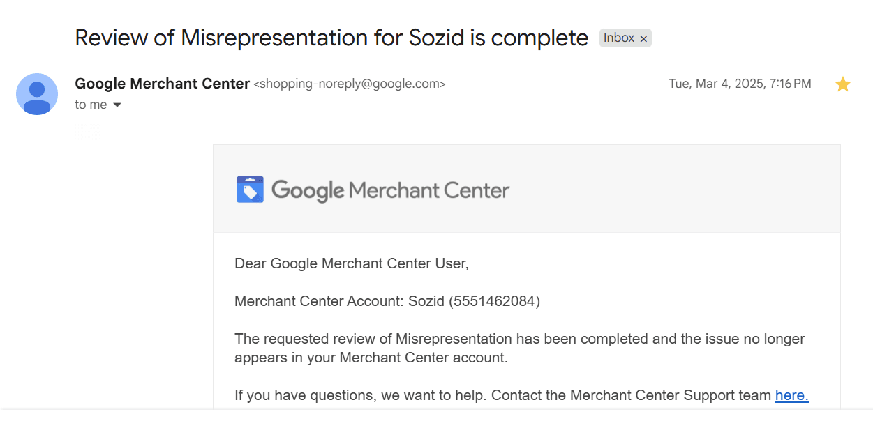 Google reinstatement confirmation: Sozid — Misrepresentation review complete