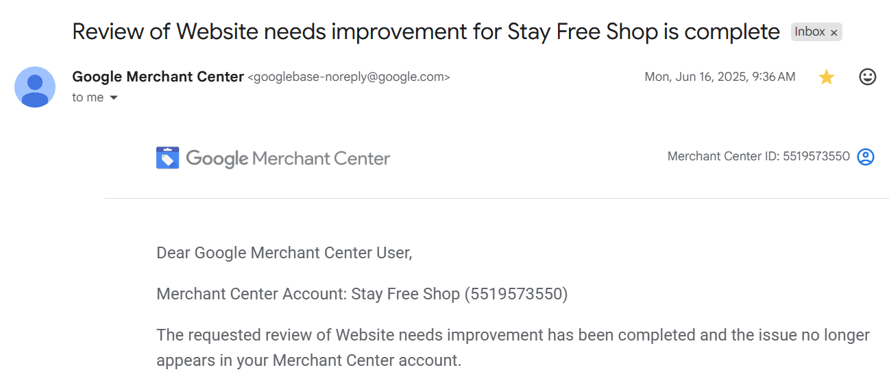 Google reinstatement confirmation: Stay Free Shop — Website needs improvement review complete
