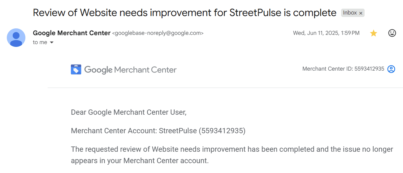 Google reinstatement confirmation: StreetPulse — Website needs improvement review complete